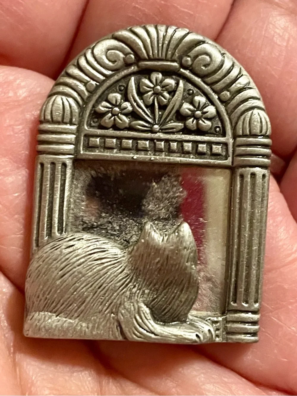Silver-Tone Cat Brooch with Mirror Accent